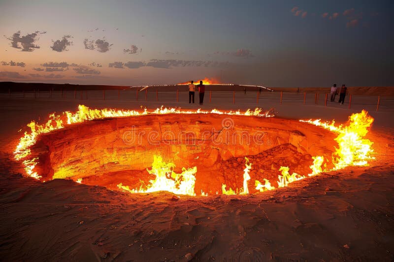 Il cratere di gas in fiamme di darvaza che esplora il misterioso cancello dell'inferno in turkmenistan illustrazione vettoriale