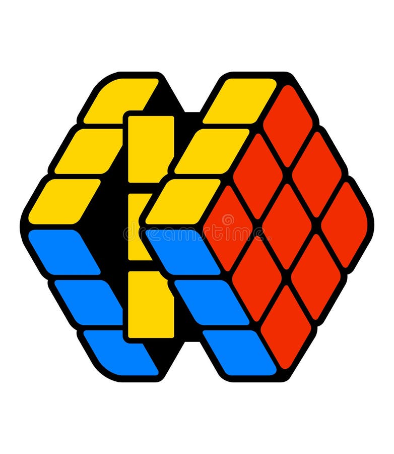 Il cubo quasi risolto stilizzato con rosso blu e giallo sorge la progettazione moderna isolato su fondo bianco