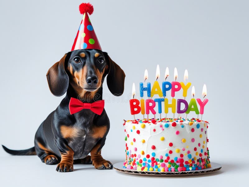 Il cucciolo di Dachshund festeggia il compleanno con la torta illustrazione vettoriale