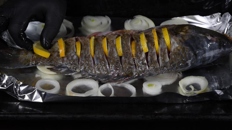 Il cuoco colloca il pesce di carpa preparato con bende di limone su un vassoio da cottura con cipolle da cuocere nel forno video d archivio