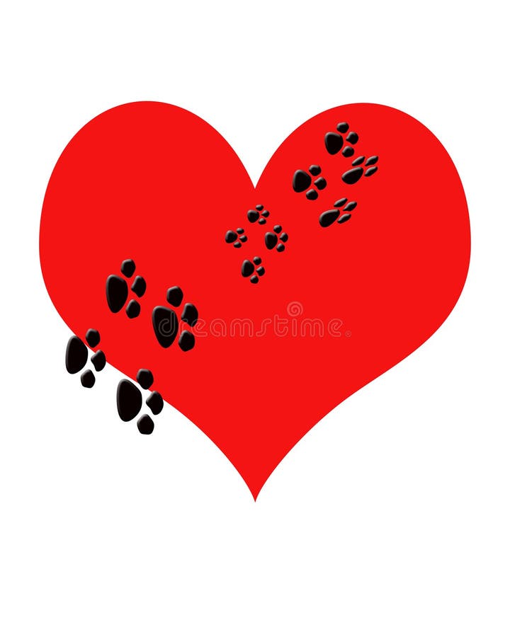 Il cuore rosso con la zampa del cucciolo gli stampa camminare attraverso. Metafora Pupp