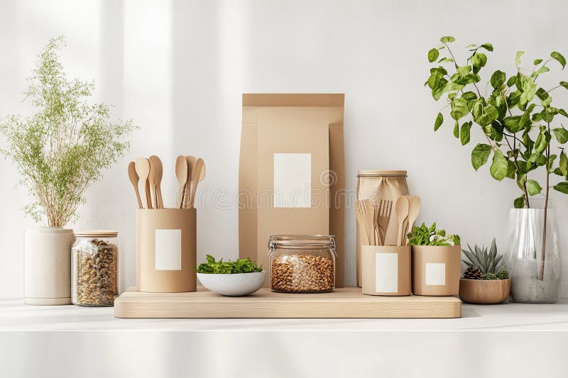Il design moderno per impacchettare i prodotti alimentari mette in evidenza materiali ecologici su una controfigura pulita royalty illustrazione gratis