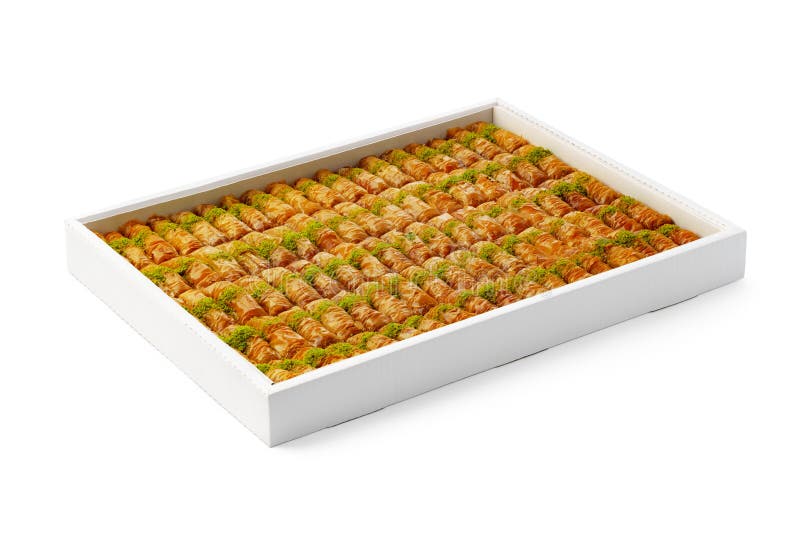 Turkish baklava dessert in a white box isolated on white background. Turkish baklava dessert in a white box isolated on white background