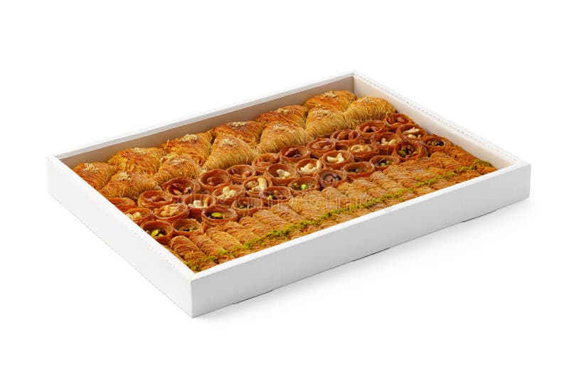 Turkish baklava dessert in a white box isolated on white background. Turkish baklava dessert in a white box isolated on white background