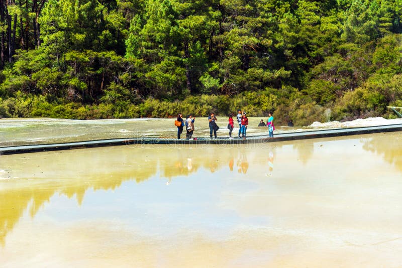 IL DISTRETTO DI ROTORUA, NUOVA ZELANDA - 10 OTTOBRE 2018: Stagni geotermici nel parco di Wai-O-Tapu Copi lo spazio per testo fotografia stock libera da diritti IL DISTRETTO DI ROTORUA, NUOVA ZELANDA - 10 OTTOBRE 2018: Stagni geotermici nel parco di Wai-O-Tapu Copi lo spazio per testo fotografia stock libera da diritti