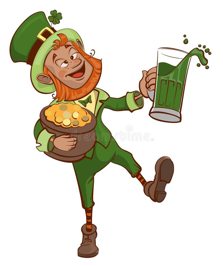 Il divertimento ubriaco Patrick tiene il vaso di oro e di vetro della birra verde illustrazione di stock Il divertimento ubriaco Patrick tiene il vaso di oro e di vetro della birra verde illustrazione di stock