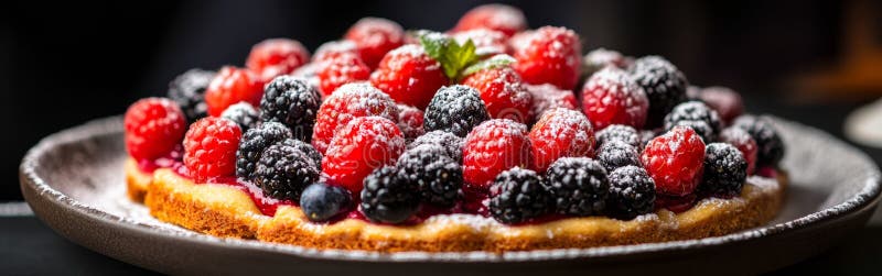 Il dolce delicato presenta una base lussuosa ornata da un assortimento colorato di frutti di bosco freschi in polvere immagini stock libere da diritti