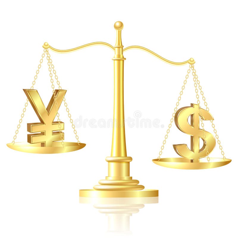 Dollar outweighs Yen on scales. Vector illustration. Dollar outweighs Yen on scales. Vector illustration