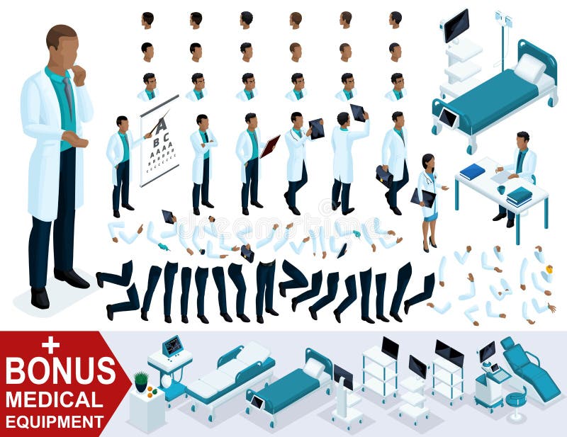Il dottore isometrico African American, crea il vostro chirurgo 3D, gli insiemi dei gesti delle gambe e delle mani, le emozioni e royalty illustrazione gratis Il dottore isometrico African American, crea il vostro chirurgo 3D, gli insiemi dei gesti delle gambe e delle mani, le emozioni e royalty illustrazione gratis
