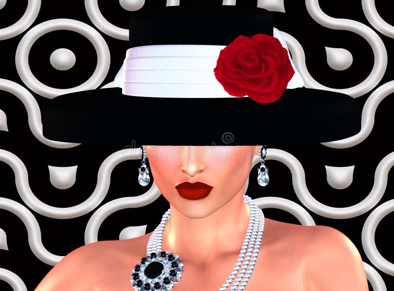 Il figurino, la donna attraente in vestito d'annata dal nero di stile ed il cappello nel nostro 3d rendono lo stile digitale di a