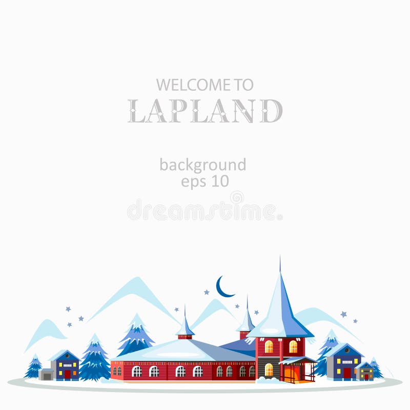Il fondo di panorama della Lapponia con il villaggio alloggia la natura dell'inverno degli alberi illustrazione di stock Il fondo di panorama della Lapponia con il villaggio alloggia la natura dell'inverno degli alberi illustrazione di stock