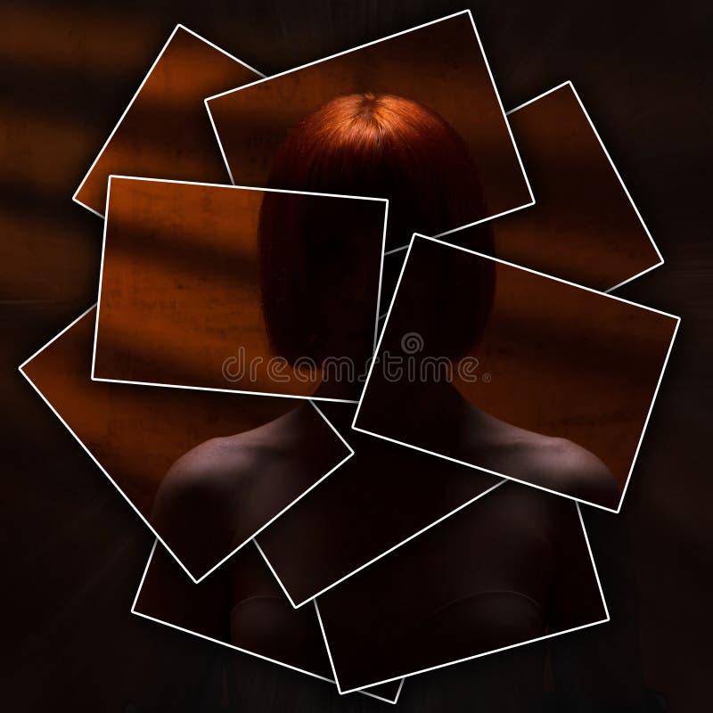 Il fronte o il corpo è diviso in molte parti dalle carte, ragazza nuda irriconoscibile contro una parete con i raggi arancio, con fotografie stock libere da diritti Il fronte o il corpo è diviso in molte parti dalle carte, ragazza nuda irriconoscibile contro una parete con i raggi arancio, con fotografie stock libere da diritti