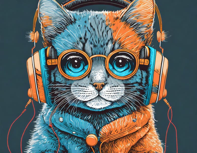 Il gatto freddo nelle cuffie ascolta musica. ritratti stretti di gattino di pelliccia in stile moda. royalty illustrazione gratis