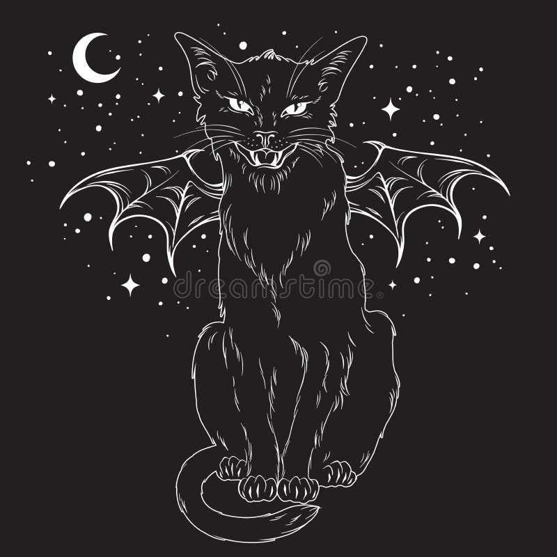 Il gatto nero terrificante con il mostro traversa sopra cielo notturno illustrazione di stock Il gatto nero terrificante con il mostro traversa sopra cielo notturno illustrazione di stock