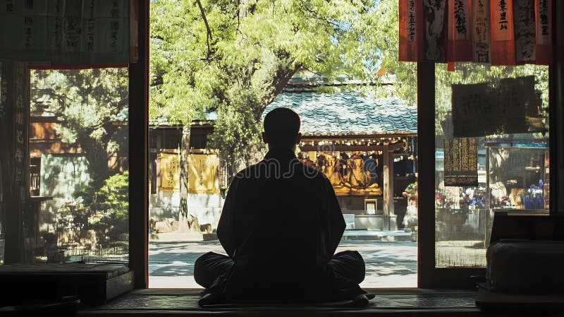 Il Generativo AI Monk Silhouetted nella meditazione tranquil di fronte al progetto Storico Temple View. fotografia stock libera da diritti
