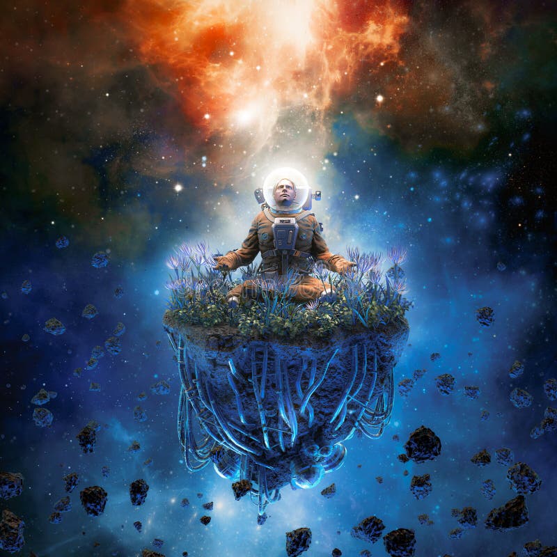 3D illustration of surreal science fiction scene with meditating astronaut on artificial asteroid surrounded by flowers. 3D illustration of surreal science fiction scene with meditating astronaut on artificial asteroid surrounded by flowers