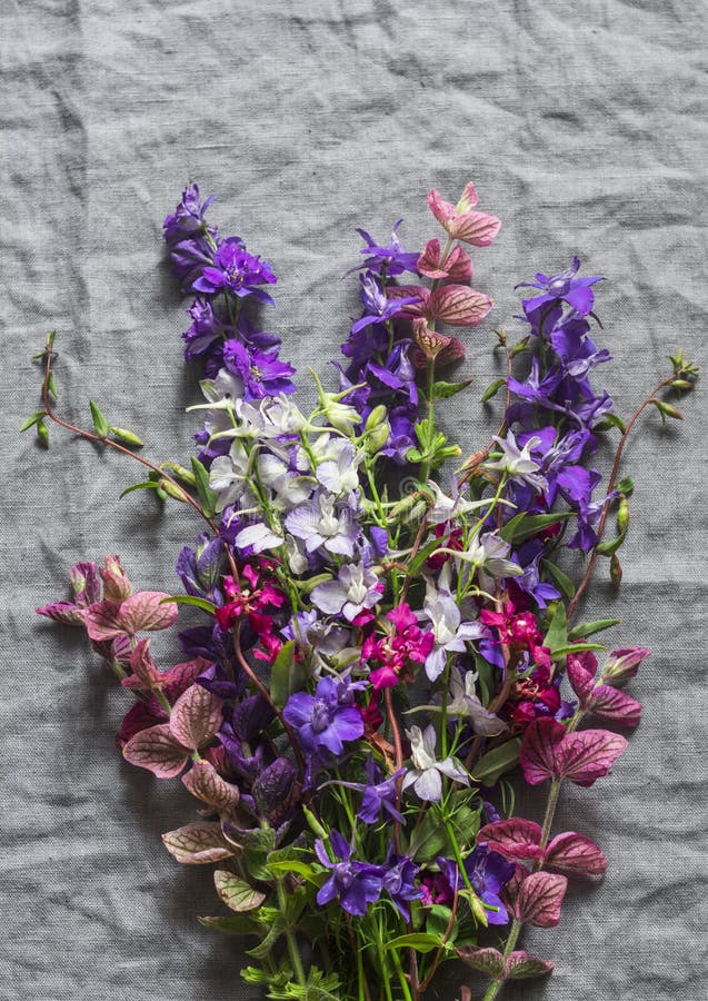 Il giardino selvaggio fiorisce il mazzo su fondo di tela grigio, vista superiore immagini stock Il giardino selvaggio fiorisce il mazzo su fondo di tela grigio, vista superiore immagini stock