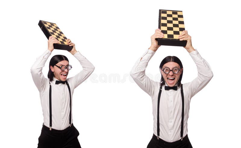 Il giocatore di scacchi del nerd isolato su bianco immagine stock Il giocatore di scacchi del nerd isolato su bianco immagine stock