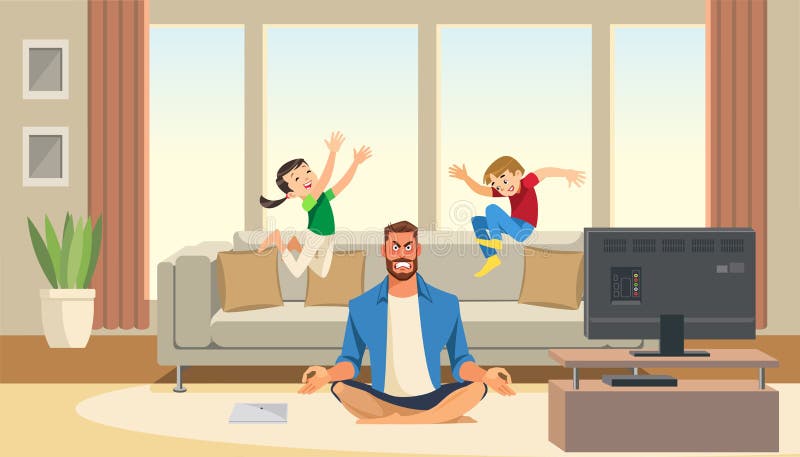 Il gioco ed il salto di bambini sul sofà dietro la meditazione arrabbiata e sollecitata generano I personaggi dei cartoni animati royalty illustrazione gratis Il gioco ed il salto di bambini sul sofà dietro la meditazione arrabbiata e sollecitata generano I personaggi dei cartoni animati royalty illustrazione gratis