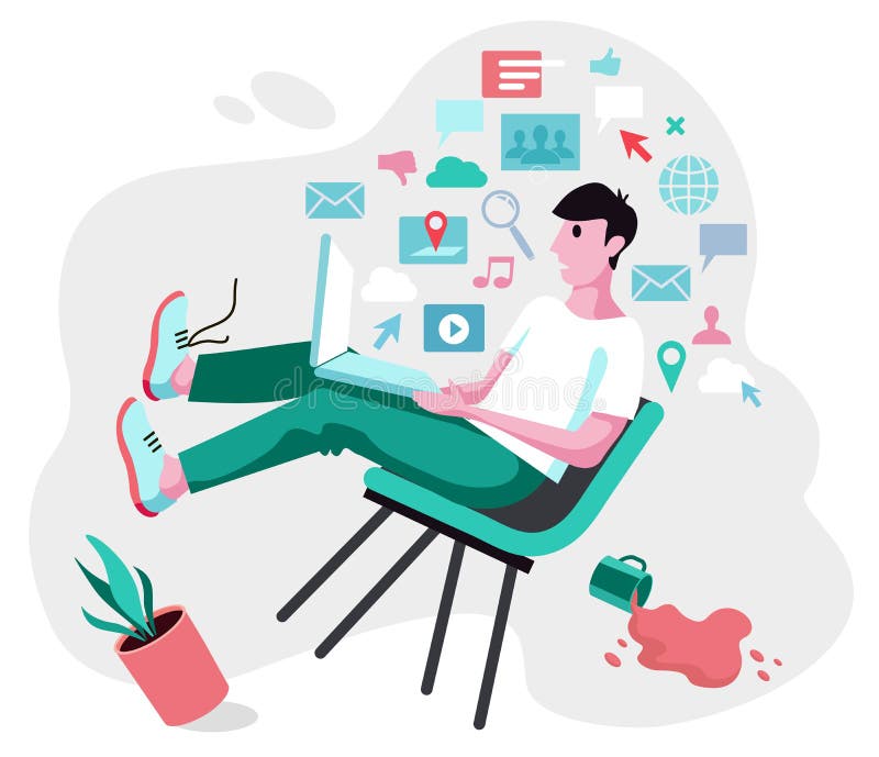 Il giovane cade da una sedia sotto la pressione di informazioni da un computer portatile royalty illustrazione gratis Il giovane cade da una sedia sotto la pressione di informazioni da un computer portatile royalty illustrazione gratis