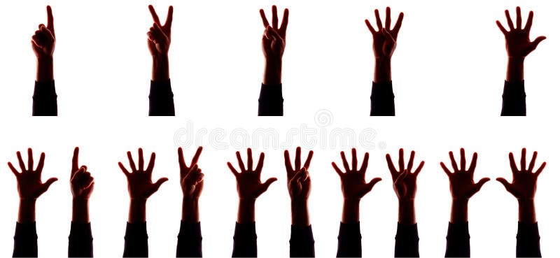 Il giovane di molta mano con le dita diverse, numeri - siluetta, concetto immagini stock Il giovane di molta mano con le dita diverse, numeri - siluetta, concetto immagini stock