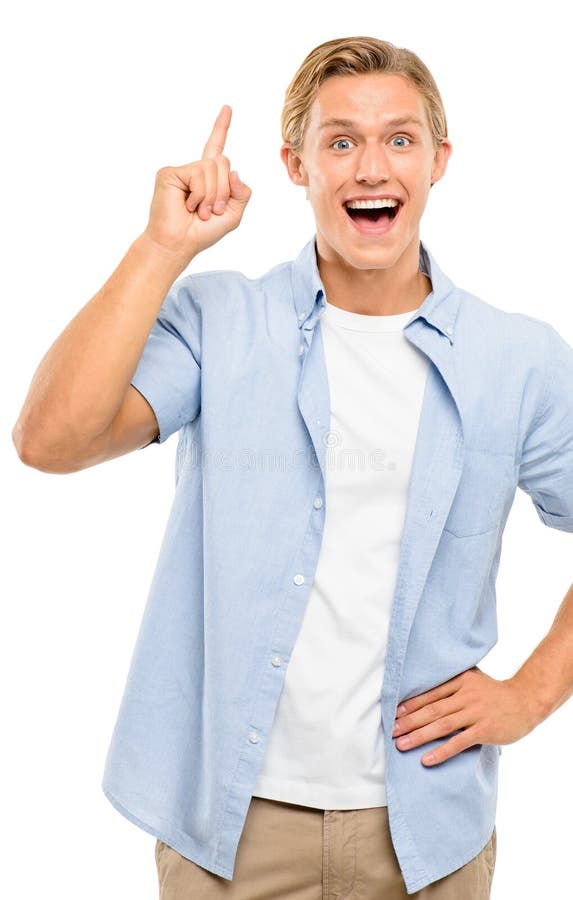 Il giovane felice ha buona idea isolato su fondo bianco fotografia stock Il giovane felice ha buona idea isolato su fondo bianco fotografia stock