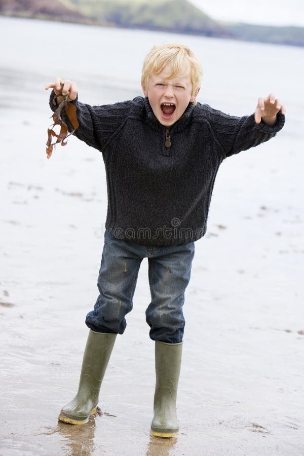 Il giovane ragazzo che si leva in piedi sulla holding della spiaggia lascia sorridere fotografie stock libere da diritti Il giovane ragazzo che si leva in piedi sulla holding della spiaggia lascia sorridere fotografie stock libere da diritti