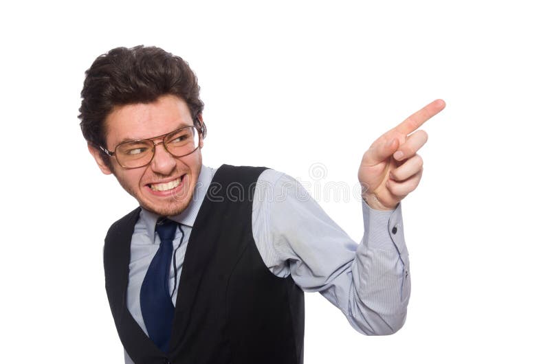 Il giovane uomo d'affari nel concetto divertente su bianco fotografie stock libere da diritti Il giovane uomo d'affari nel concetto divertente su bianco fotografie stock libere da diritti