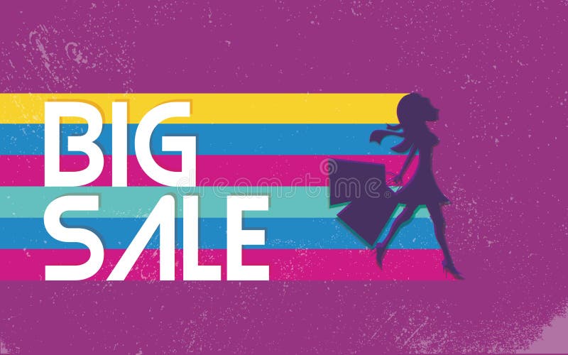 Il grande manifesto di vendita con acquisto della donna per il modo copre insegna del fondo di vettore 80s, colori vivi luminosi illustrazione vettoriale Il grande manifesto di vendita con acquisto della donna per il modo copre insegna del fondo di vettore 80s, colori vivi luminosi illustrazione vettoriale