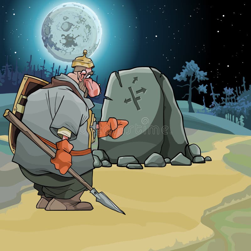 Il guerriero di fiaba del fumetto sta ad una pietra indicante su una notte illuminata dalla luna illustrazione vettoriale Il guerriero di fiaba del fumetto sta ad una pietra indicante su una notte illuminata dalla luna illustrazione vettoriale
