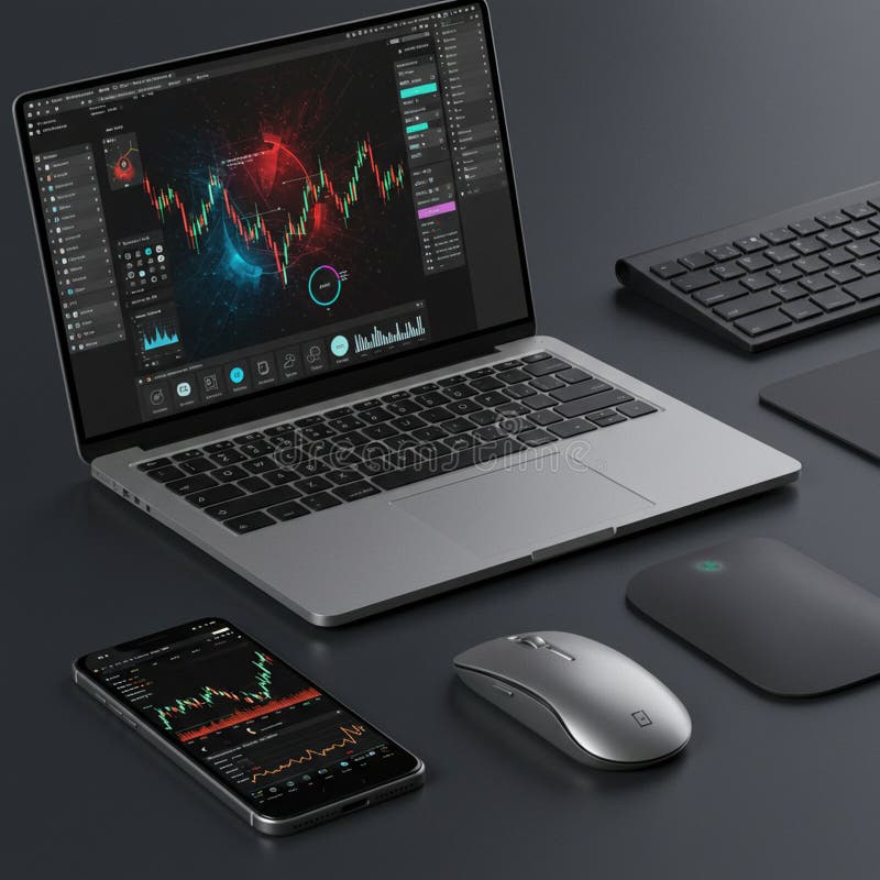 Il laptop in argento che visualizza grafici complessi si trova su una superficie scura accompagnata da un illustrazione di stock