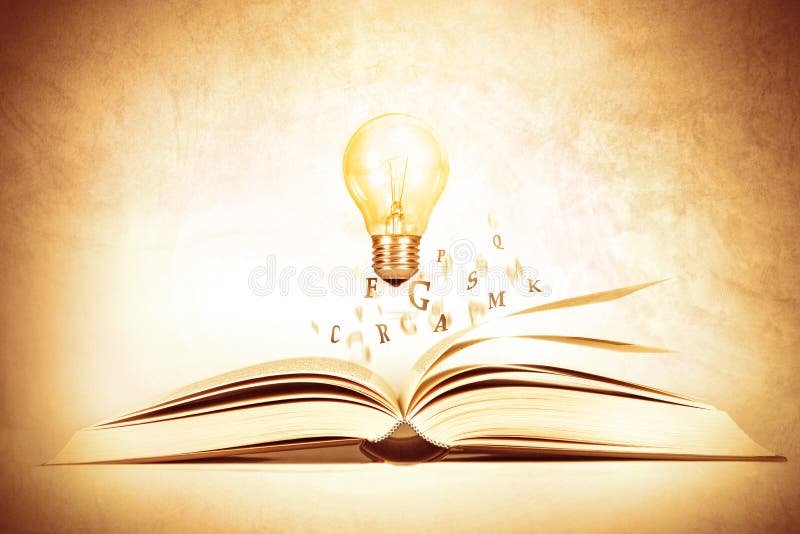 opened book with alphabet letter flying out with glowing light bulb of pages , education and knowledge concept, vintage color tone. opened book with alphabet letter flying out with glowing light bulb of pages , education and knowledge concept, vintage color tone