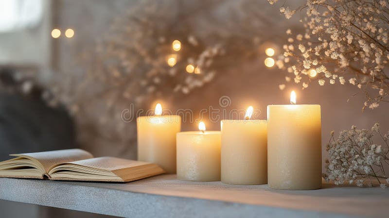 Il libro aperto si trova vicino a un gruppo di candele accese che invitano a un tempo di lettura silenzioso fotografia stock libera da diritti