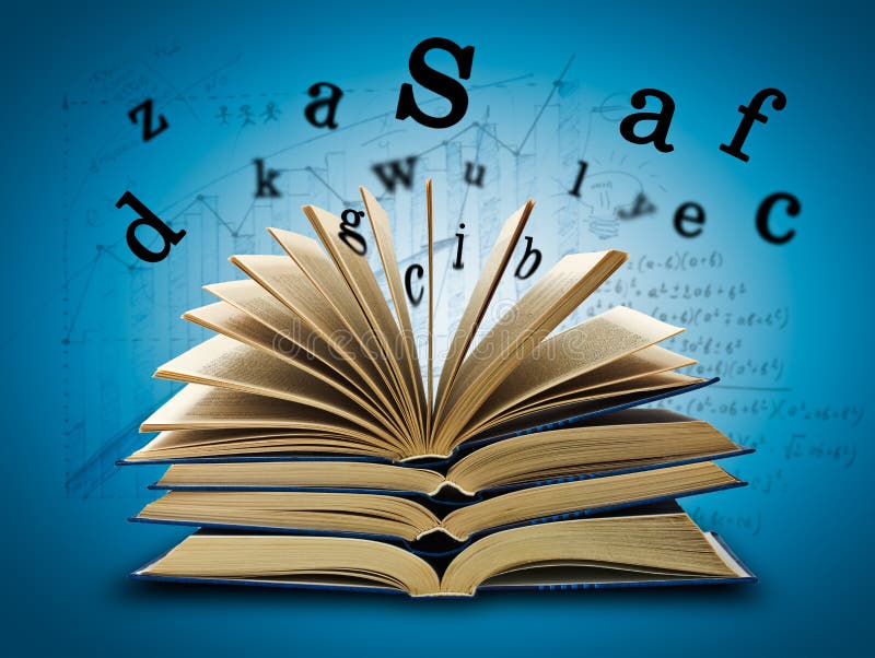 The Magic Book and the letters on a dark background with formula. Education concept. The Magic Book and the letters on a dark background with formula. Education concept