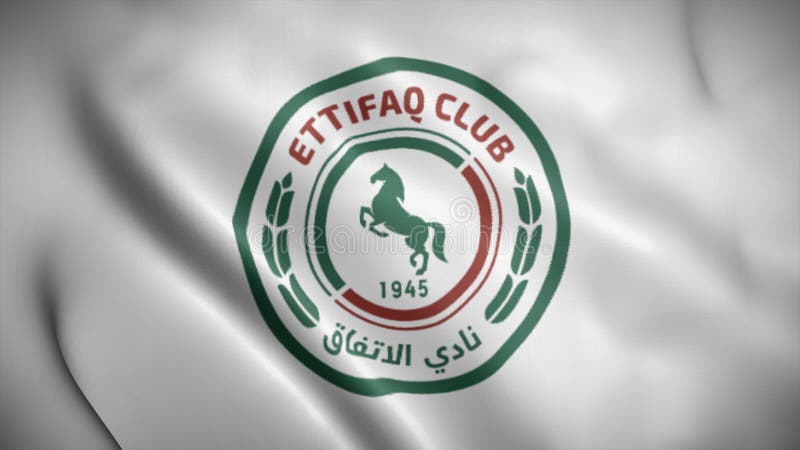 Il logo di alettifaq football club su una bandiera che sventola in un loop animato ravvicinato veduta 4k video saudita lega profes