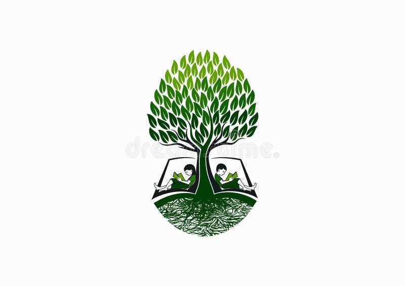Il logo di istruzione dell'albero, l'icona in anticipo del lettore del libro, il simbolo di conoscenza della scuola e l'infanzia illustrazione vettoriale
