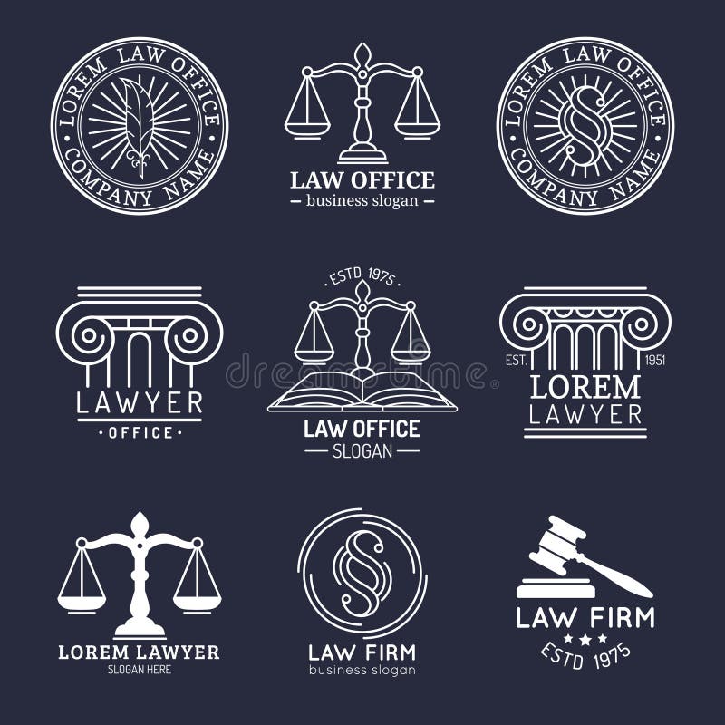 Il logos dello studio legale ha messo con la bilancia della giustizia, le illustrazioni del martelletto ecc L'avvocato d'annata d