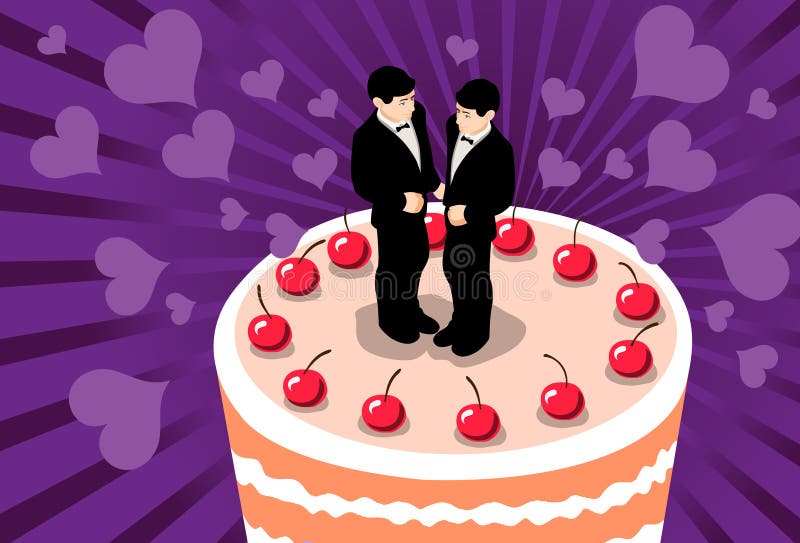 An image of a wedding cake decorated with cherries and two figures of men in black tuxedoes. An image of a wedding cake decorated with cherries and two figures of men in black tuxedoes