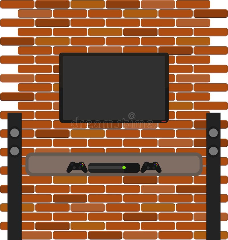 Il mattone della parete con la TV ed il gioco consolano l'attaccatura illustrazione di stock Il mattone della parete con la TV ed il gioco consolano l'attaccatura illustrazione di stock