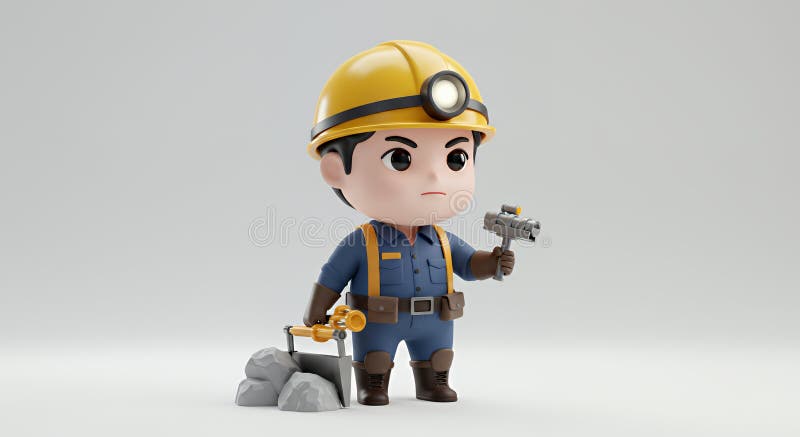 Il minatore coreano Chibi in 3D con Pickaxe e la lampada isolata in fondo al bianco illustrazione di stock