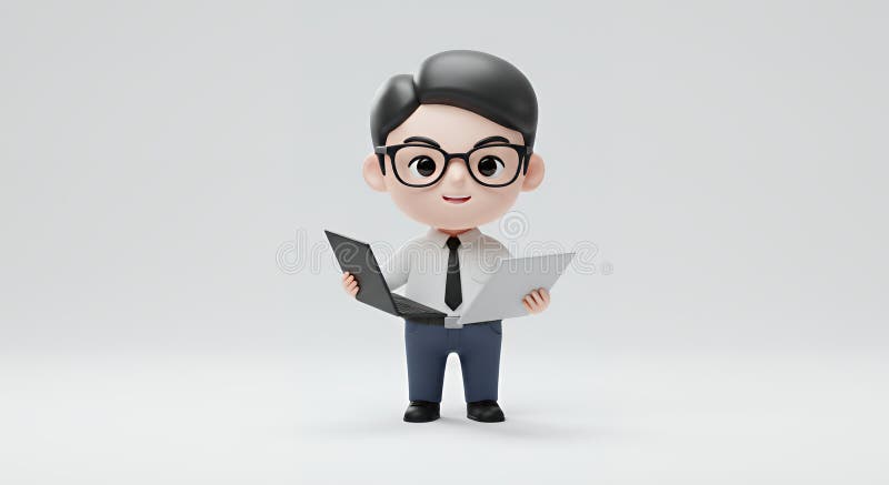 Il modello 3D Chibi Cloud Engineer allegro che tiene in mano il notebook e i documenti illustrazione vettoriale