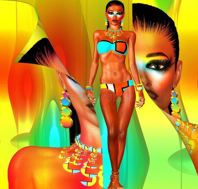 Il modello del bikini con buccia indietro effettua, arte variopinta di Digital fotografia stock libera da diritti Il modello del bikini con buccia indietro effettua, arte variopinta di Digital fotografia stock libera da diritti