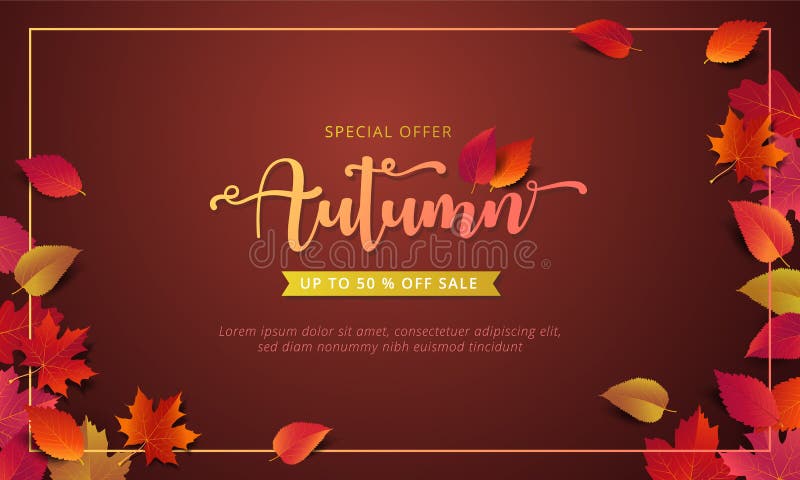 Il modello della disposizione dell'insegna di vendita di autunno decora con l'acero e le foglie realistiche a colori il colore ca