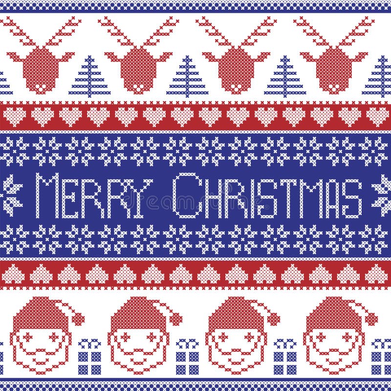 Il modello scandinavo blu scuro e rosso con Santa Claus, natale di Buon Natale presenta, renna, gli ornamenti decorativi, fiocco illustrazione di stock Il modello scandinavo blu scuro e rosso con Santa Claus, natale di Buon Natale presenta, renna, gli ornamenti decorativi, fiocco illustrazione di stock