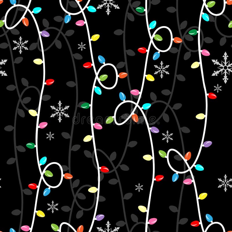 Christmas seamless pattern of colorful Christmas light bulbs and snowflakes on black ground. Vector illustration design for winter holidays season, Xmas and New year. Christmas seamless pattern of colorful Christmas light bulbs and snowflakes on black ground. Vector illustration design for winter holidays season, Xmas and New year.