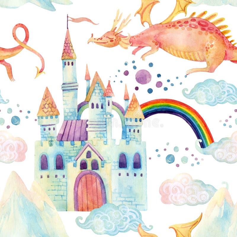 Il modello senza cuciture di fiaba dell'acquerello con il drago sveglio, il castello magico, le montagne ed il fatato si appanna royalty illustrazione gratis Il modello senza cuciture di fiaba dell'acquerello con il drago sveglio, il castello magico, le montagne ed il fatato si appanna royalty illustrazione gratis