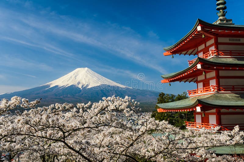 Mount Fuji with a red pagoda in spring season with cherry trees, Japan. Mount Fuji with a red pagoda in spring season with cherry trees, Japan