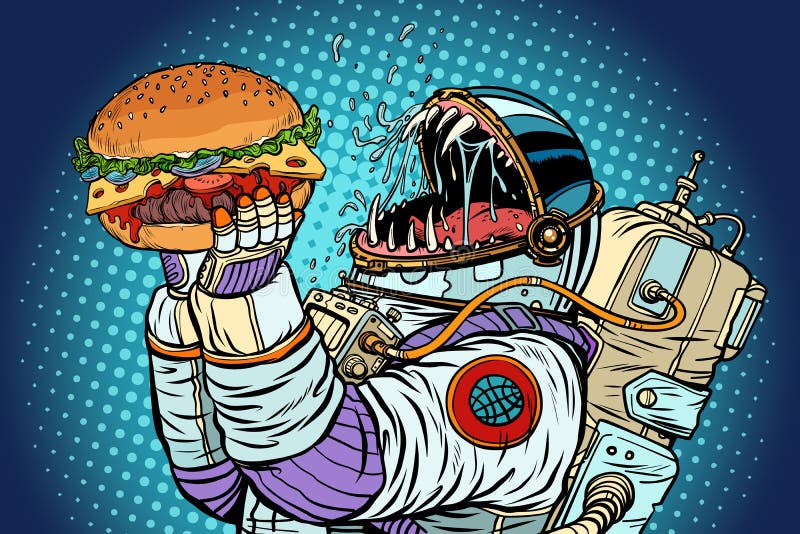 Il mostro dell'astronauta mangia l'hamburger Ingordigia e fame del conce dell'umanità illustrazione vettoriale