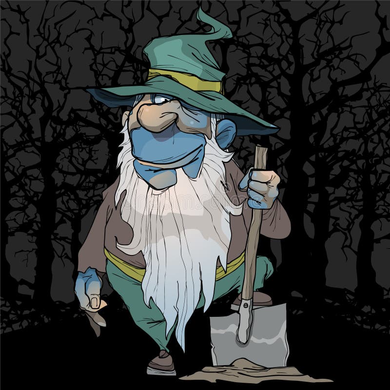 Il nano blu del fumetto sta con una pala nella foresta di notte illustrazione vettoriale Il nano blu del fumetto sta con una pala nella foresta di notte illustrazione vettoriale