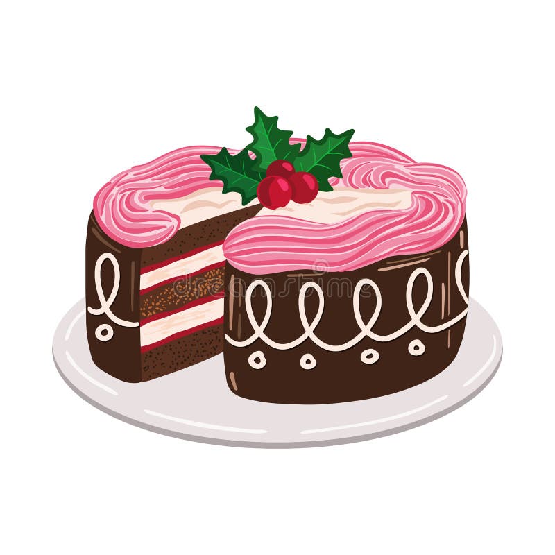 Il Natale agglutina con le bacche del vischio dell'agrifoglio, piatto dolce tradizionale con panna montata royalty illustrazione gratis Il Natale agglutina con le bacche del vischio dell'agrifoglio, piatto dolce tradizionale con panna montata royalty illustrazione gratis